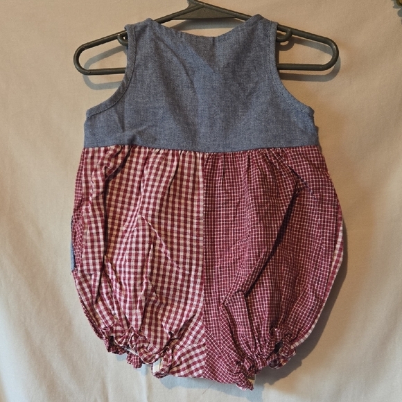 Pete's Partner Vintage Red Gingham and Blue Denim Romper With Headband 6-9mos - Picture 6 of 7